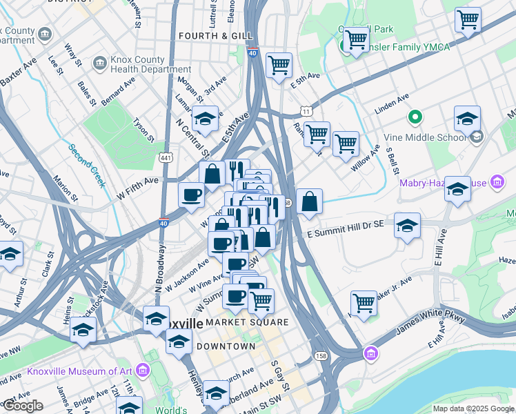 map of restaurants, bars, coffee shops, grocery stores, and more near 207 East Jackson Avenue in Knoxville