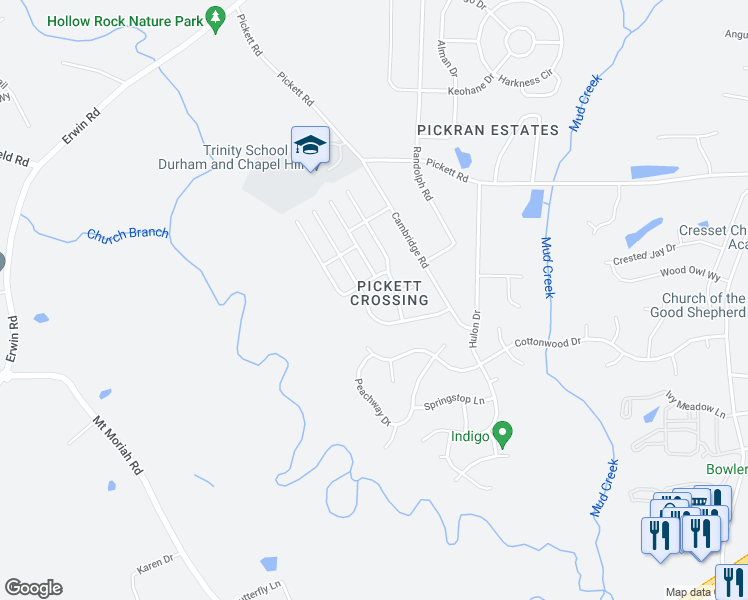 map of restaurants, bars, coffee shops, grocery stores, and more near 4118 Branchwood Drive in Durham