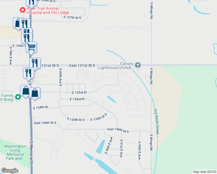 map of restaurants, bars, coffee shops, grocery stores, and more near 9095 East 133rd Street South in Bixby