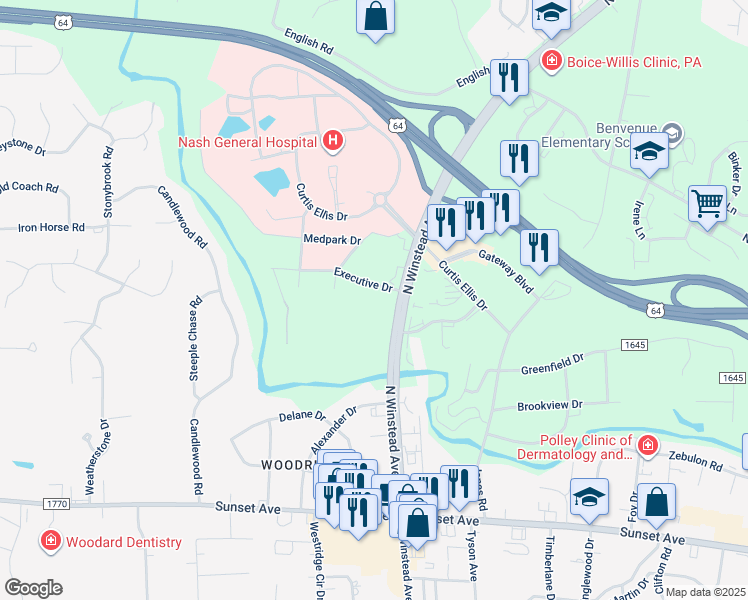 map of restaurants, bars, coffee shops, grocery stores, and more near in Rocky Mount