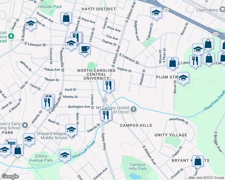 map of restaurants, bars, coffee shops, grocery stores, and more near 1513 South Alston Avenue in Durham