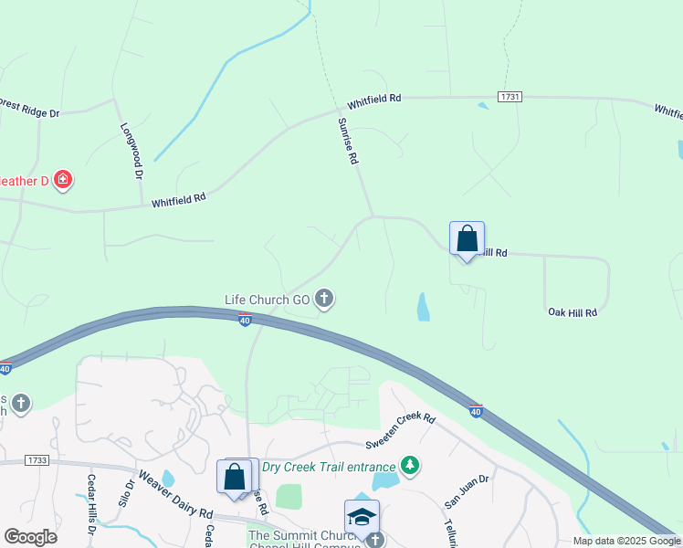 map of restaurants, bars, coffee shops, grocery stores, and more near 7218 Sunrise Road in Chapel Hill