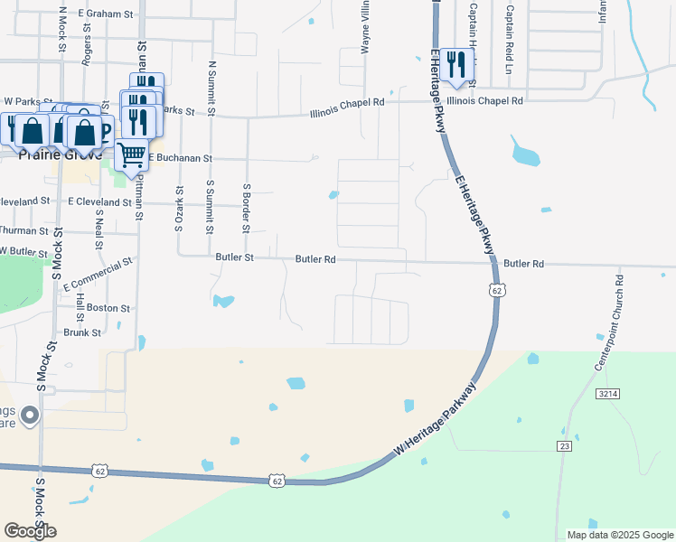 map of restaurants, bars, coffee shops, grocery stores, and more near 801 Butler Road in Prairie Grove