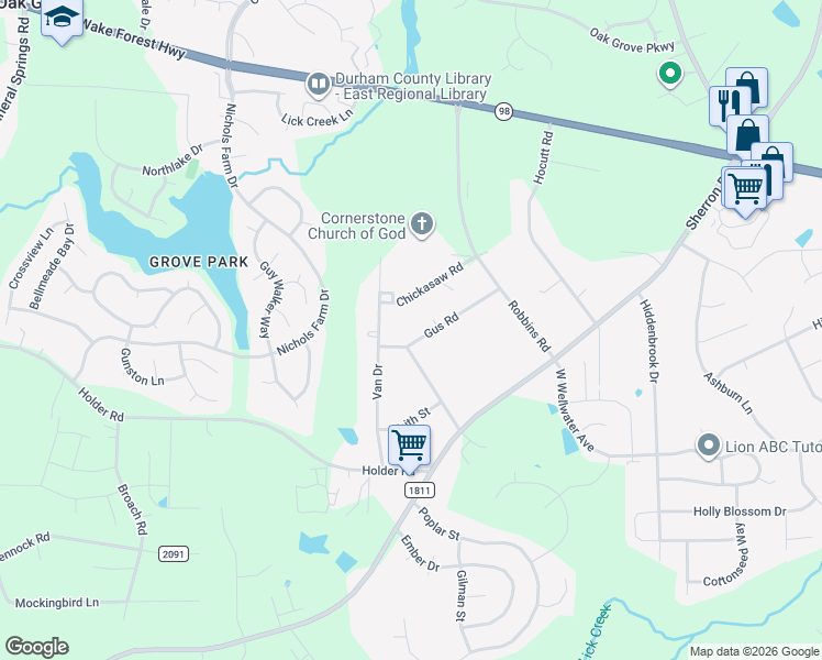 map of restaurants, bars, coffee shops, grocery stores, and more near 438 Gus Road in Durham