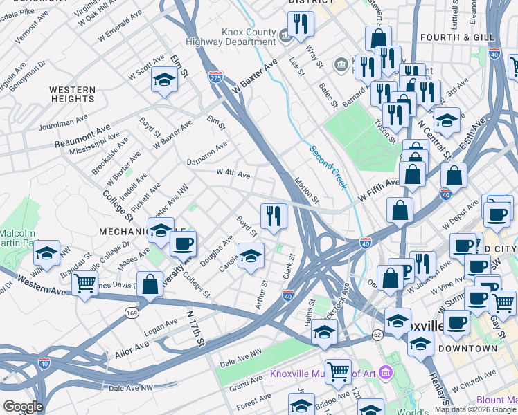 map of restaurants, bars, coffee shops, grocery stores, and more near 1200 West Fifth Avenue in Knoxville