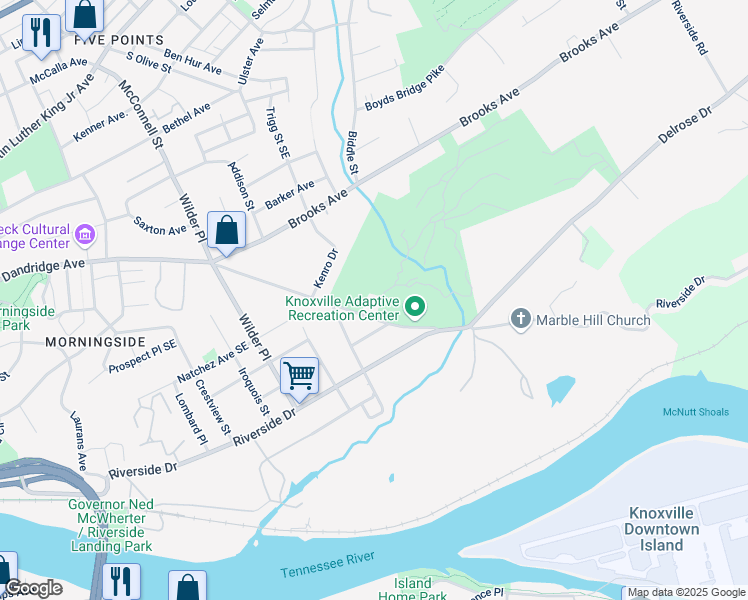 map of restaurants, bars, coffee shops, grocery stores, and more near 2333 Dandridge Avenue in Knoxville