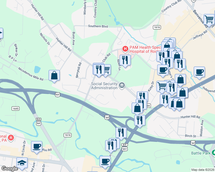 map of restaurants, bars, coffee shops, grocery stores, and more near 881 Noell Lane in Rocky Mount
