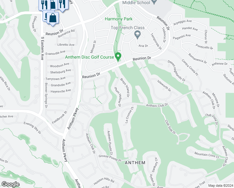 map of restaurants, bars, coffee shops, grocery stores, and more near 29 Plum Hollow Drive in Henderson