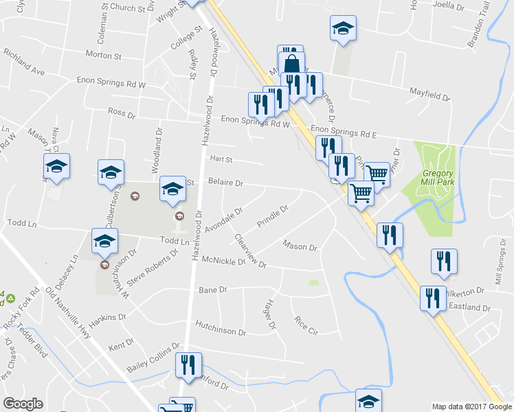 map of restaurants, bars, coffee shops, grocery stores, and more near 122 Avondale Drive in Smyrna