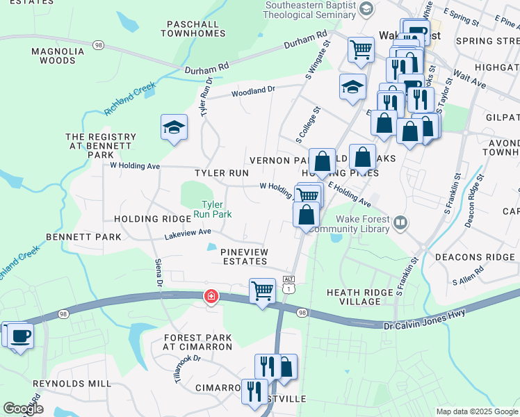 map of restaurants, bars, coffee shops, grocery stores, and more near 834 Joyner Court in Wake Forest