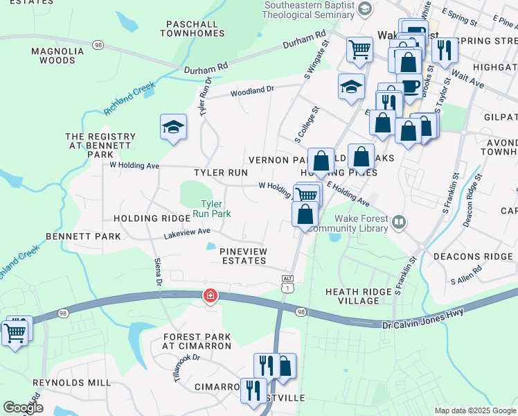 map of restaurants, bars, coffee shops, grocery stores, and more near 834 Joyner Court in Wake Forest