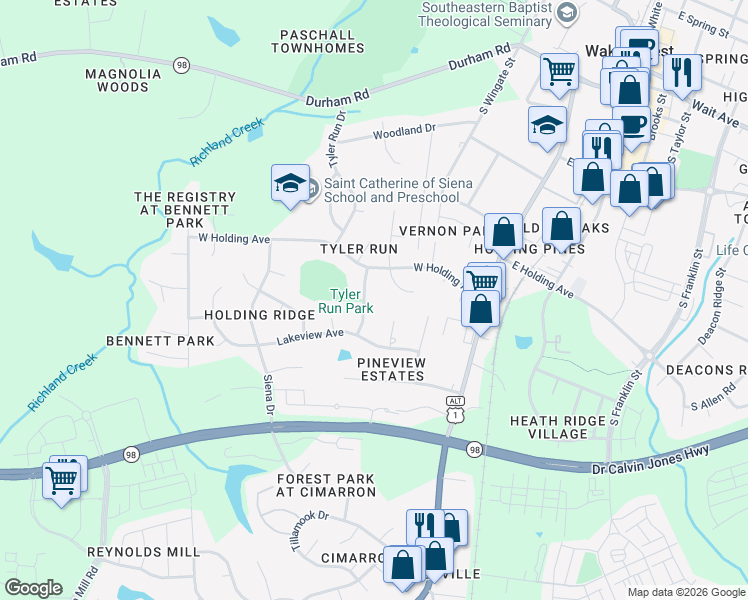 map of restaurants, bars, coffee shops, grocery stores, and more near 825 Pineview Drive in Wake Forest
