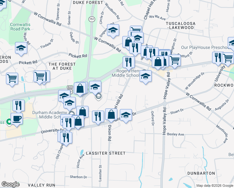map of restaurants, bars, coffee shops, grocery stores, and more near 2904 Chapel Hill Road in Durham