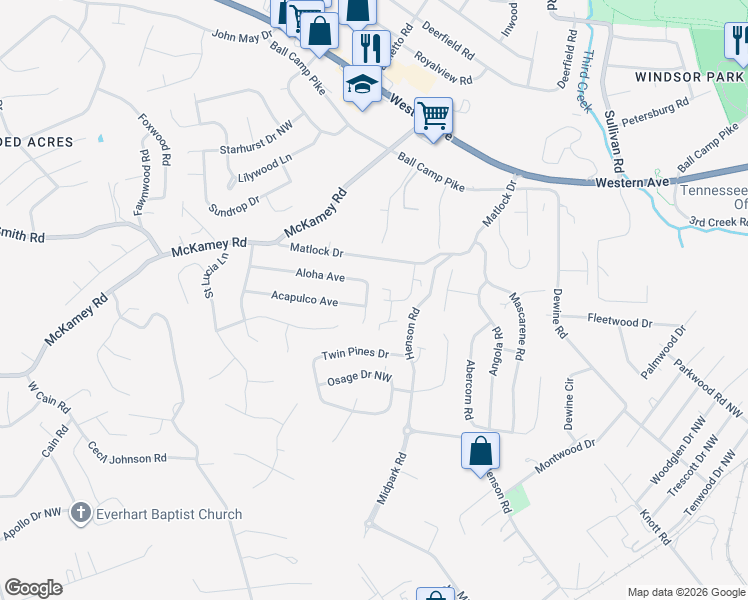 map of restaurants, bars, coffee shops, grocery stores, and more near 4501 Lynnmont Road in Knoxville