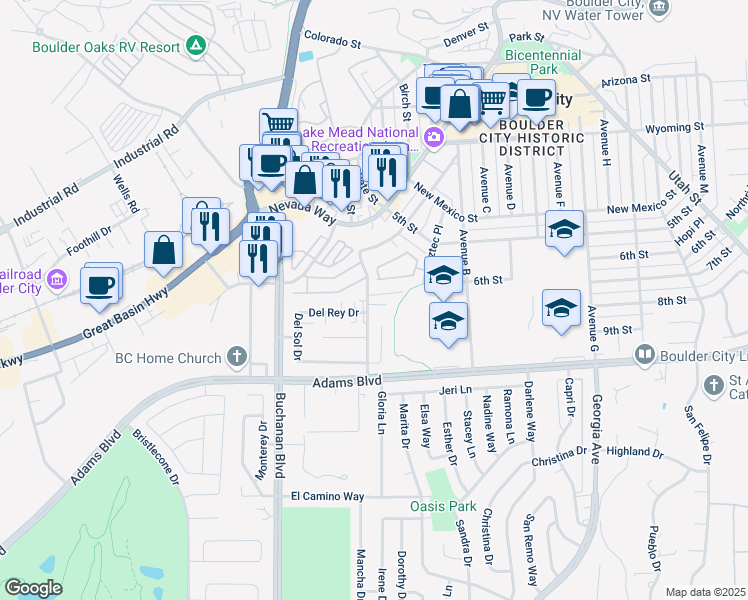 map of restaurants, bars, coffee shops, grocery stores, and more near 840 Cottonwood Street in Boulder City