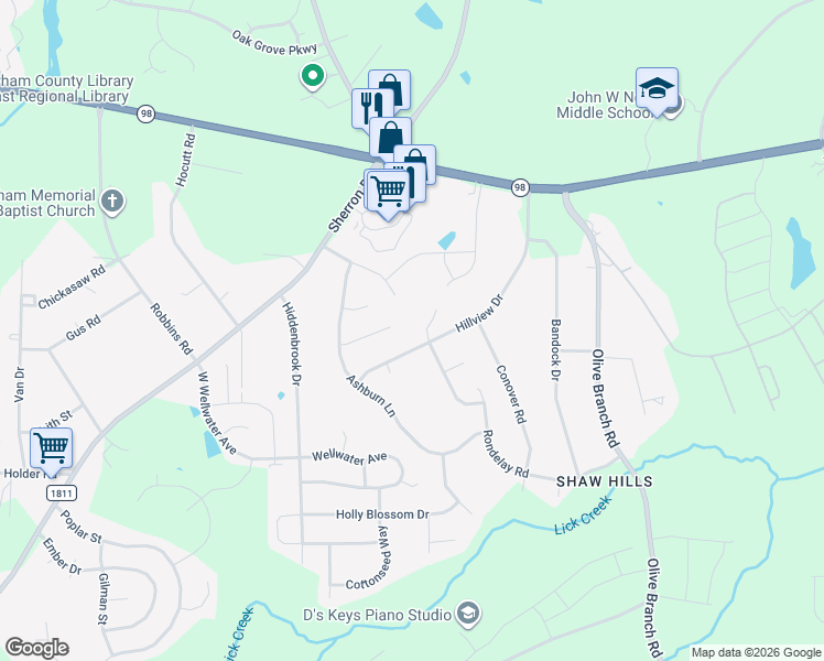 map of restaurants, bars, coffee shops, grocery stores, and more near 410 Hillview Drive in Durham