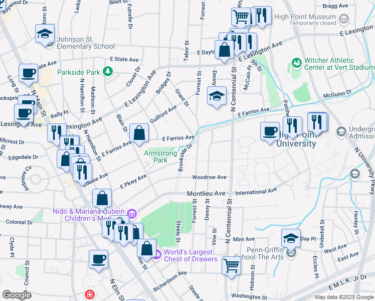 map of restaurants, bars, coffee shops, grocery stores, and more near 720 Brookside Drive in High Point