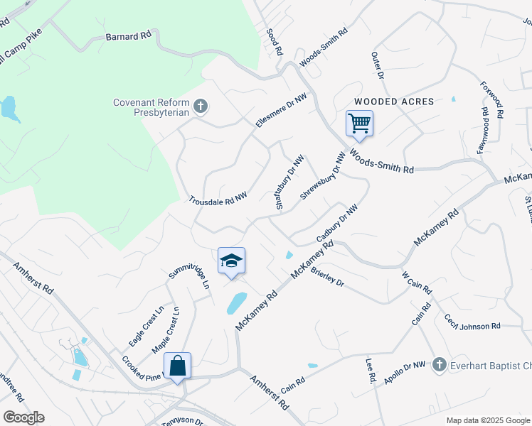 map of restaurants, bars, coffee shops, grocery stores, and more near 6609 Shrewsbury Drive Northwest in Knoxville