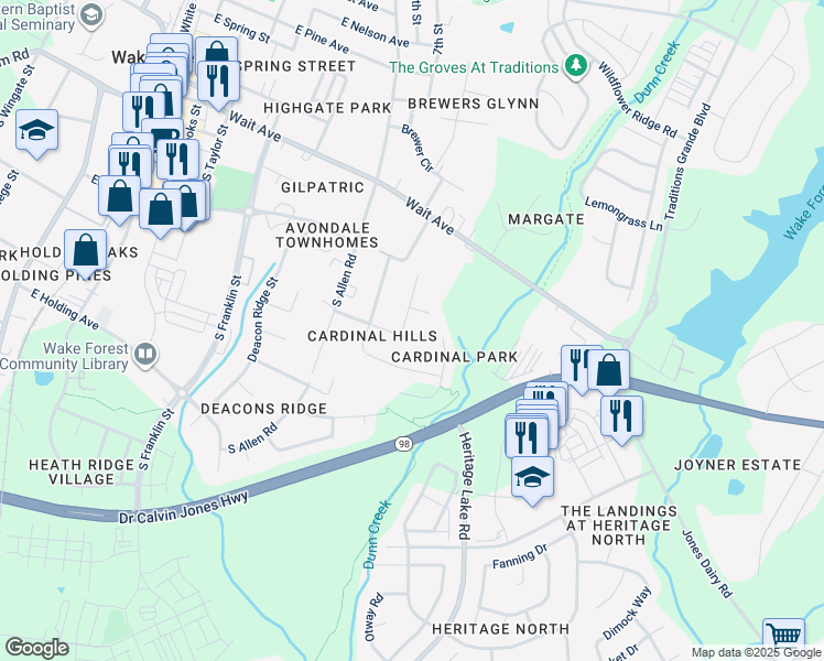 map of restaurants, bars, coffee shops, grocery stores, and more near 905 Quail Avenue in Wake Forest