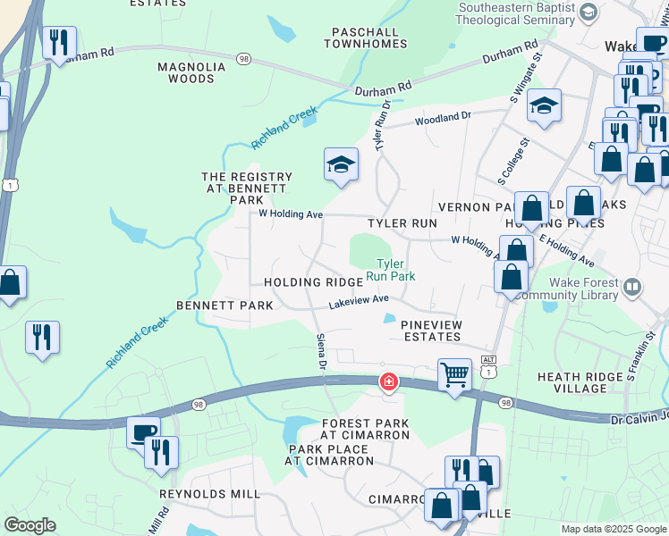 map of restaurants, bars, coffee shops, grocery stores, and more near 532 Rodney Bay Crossing in Wake Forest