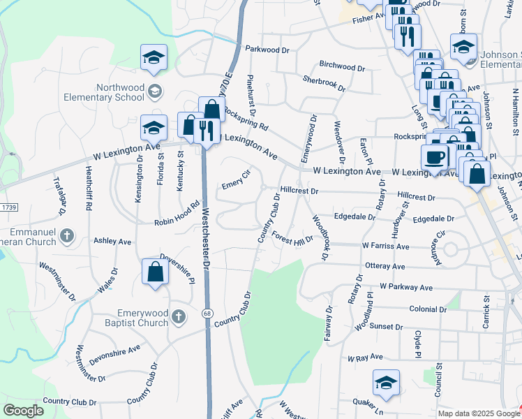 map of restaurants, bars, coffee shops, grocery stores, and more near 1104 Greenway Drive in High Point
