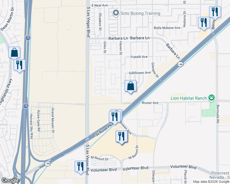 map of restaurants, bars, coffee shops, grocery stores, and more near 89 Peachtree Hill Avenue in Las Vegas