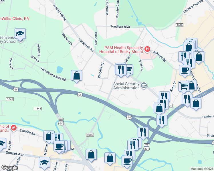 map of restaurants, bars, coffee shops, grocery stores, and more near 736 Country Club Road in Rocky Mount