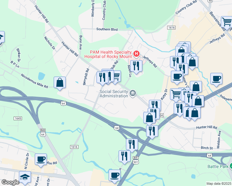 map of restaurants, bars, coffee shops, grocery stores, and more near 885 Noell Lane in Rocky Mount