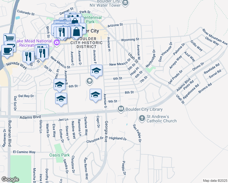 map of restaurants, bars, coffee shops, grocery stores, and more near 724 8th Street in Boulder City
