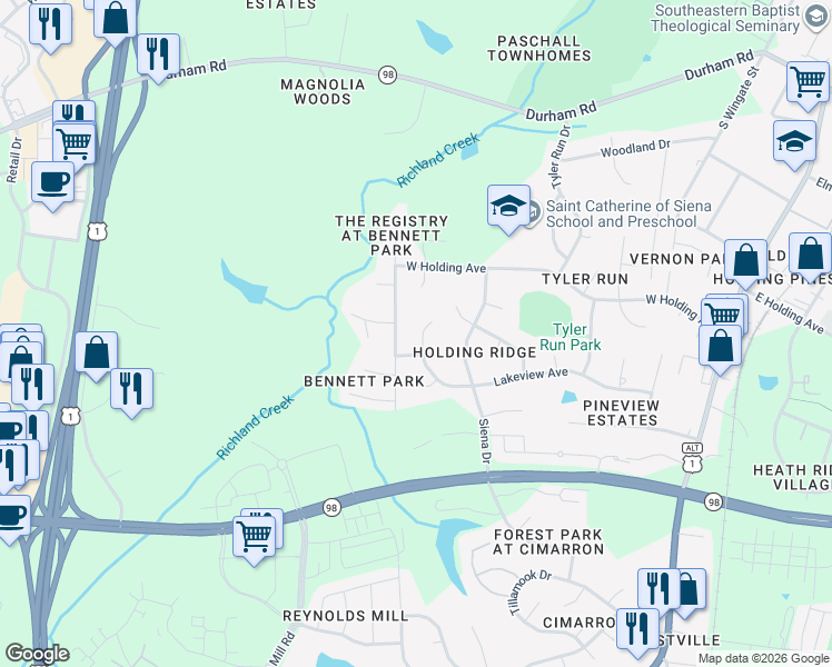 map of restaurants, bars, coffee shops, grocery stores, and more near 709 Lakeview Avenue in Wake Forest