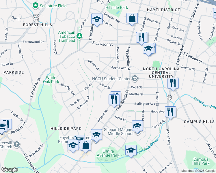 map of restaurants, bars, coffee shops, grocery stores, and more near 2220 Fitzgerald Avenue in Durham