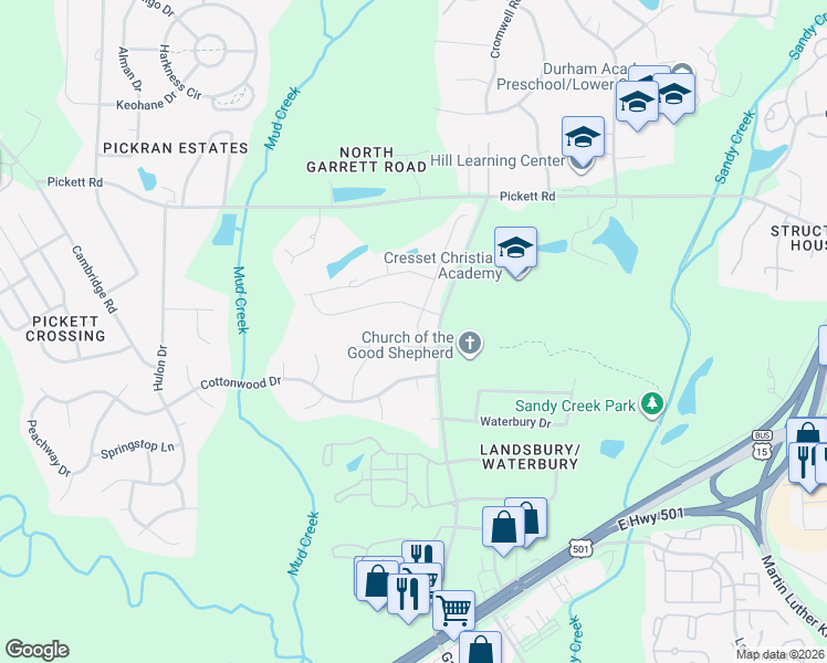 map of restaurants, bars, coffee shops, grocery stores, and more near 3306 Cedarbird Way in Durham