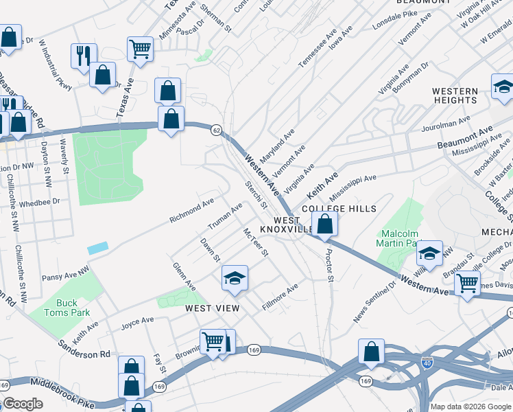 map of restaurants, bars, coffee shops, grocery stores, and more near 1909 Schofield Street in Knoxville