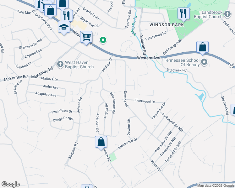 map of restaurants, bars, coffee shops, grocery stores, and more near 4300 Mascarene Road in Knoxville