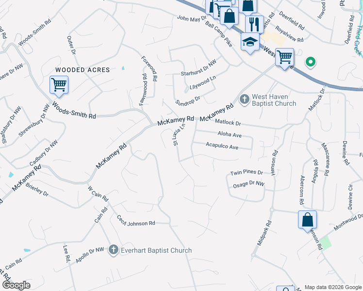 map of restaurants, bars, coffee shops, grocery stores, and more near 4423 Saint Lucia Lane in Knoxville