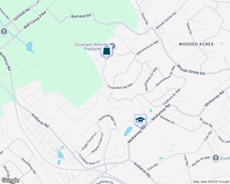 map of restaurants, bars, coffee shops, grocery stores, and more near 6804 Ellesmere Drive Northwest in Knoxville