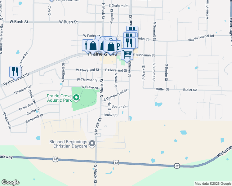 map of restaurants, bars, coffee shops, grocery stores, and more near 315 South Neal Street in Prairie Grove
