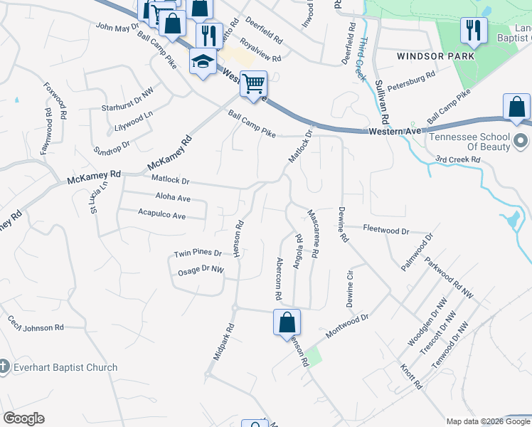 map of restaurants, bars, coffee shops, grocery stores, and more near 4418 Damas Road in Knoxville