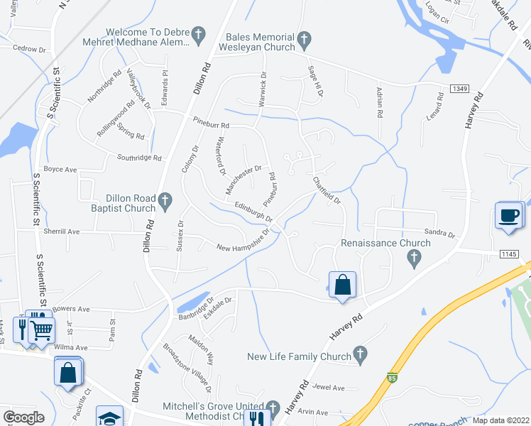 map of restaurants, bars, coffee shops, grocery stores, and more near 1021 Pineburr Road in Jamestown