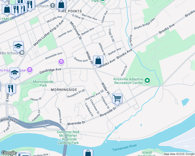 map of restaurants, bars, coffee shops, grocery stores, and more near 1301 Wilder Place in Knoxville