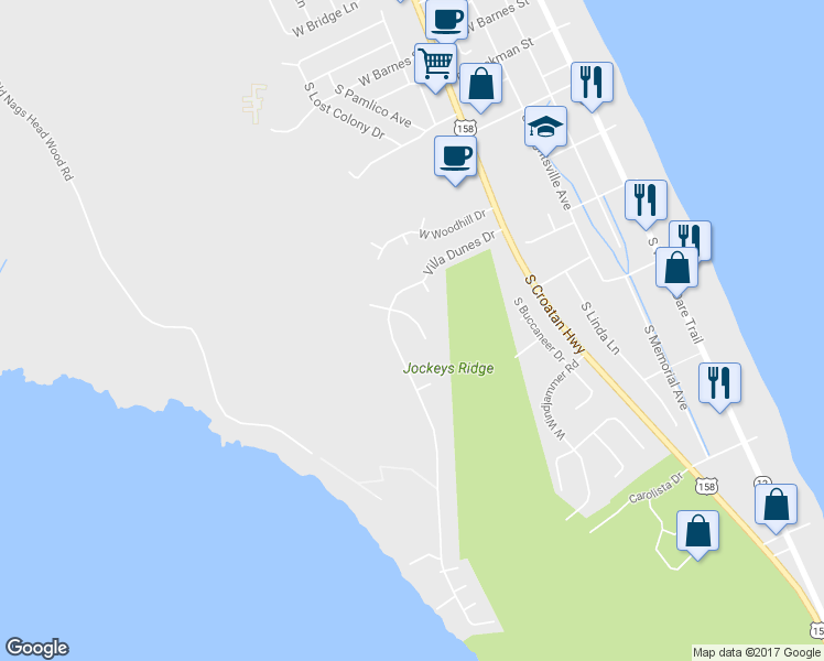 map of restaurants, bars, coffee shops, grocery stores, and more near 311 Nags Way Court in Kill Devil Hills