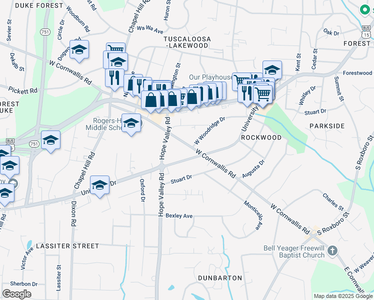 map of restaurants, bars, coffee shops, grocery stores, and more near 701 West Cornwallis Road in Durham