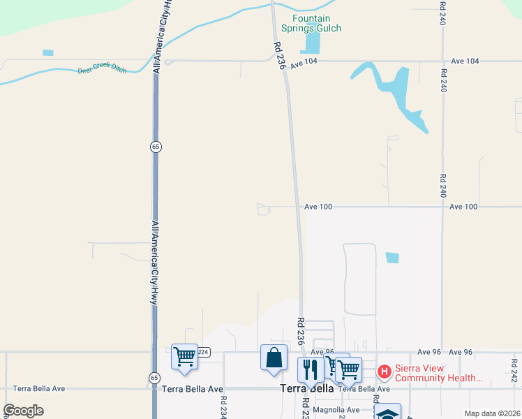 map of restaurants, bars, coffee shops, grocery stores, and more near 30005 Road 236 in Terra Bella