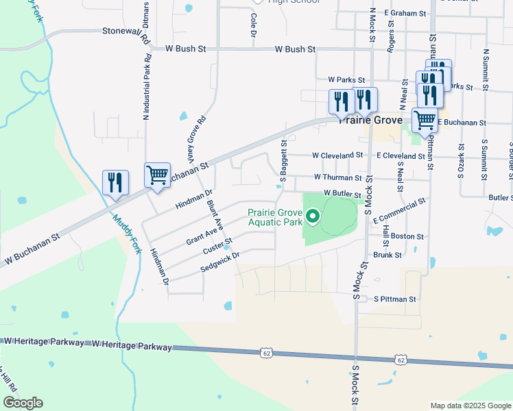 map of restaurants, bars, coffee shops, grocery stores, and more near 605 Herron Street in Prairie Grove