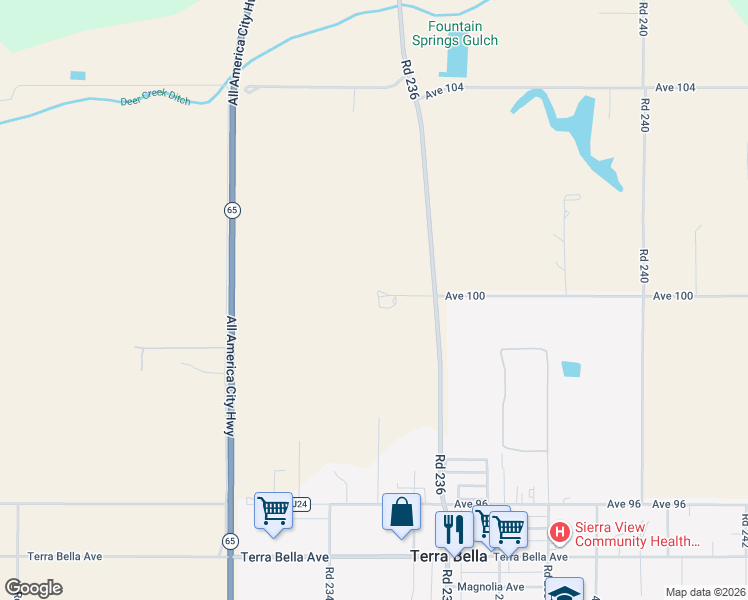 map of restaurants, bars, coffee shops, grocery stores, and more near 30005 Road 236 in Terra Bella