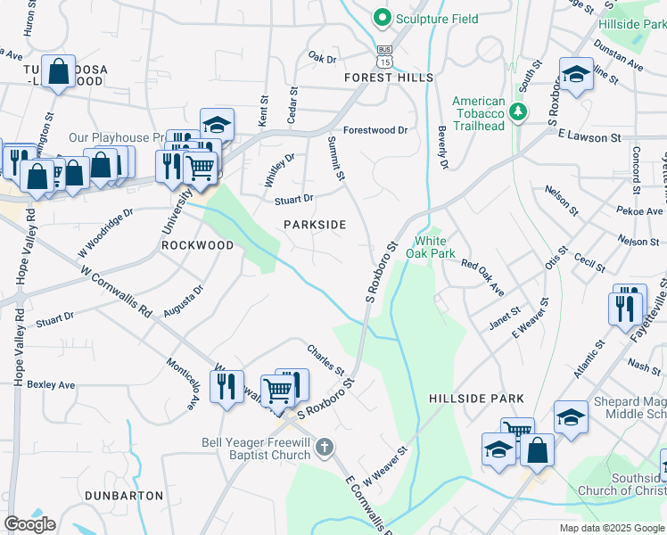 map of restaurants, bars, coffee shops, grocery stores, and more near 2105 Meade Lane in Durham