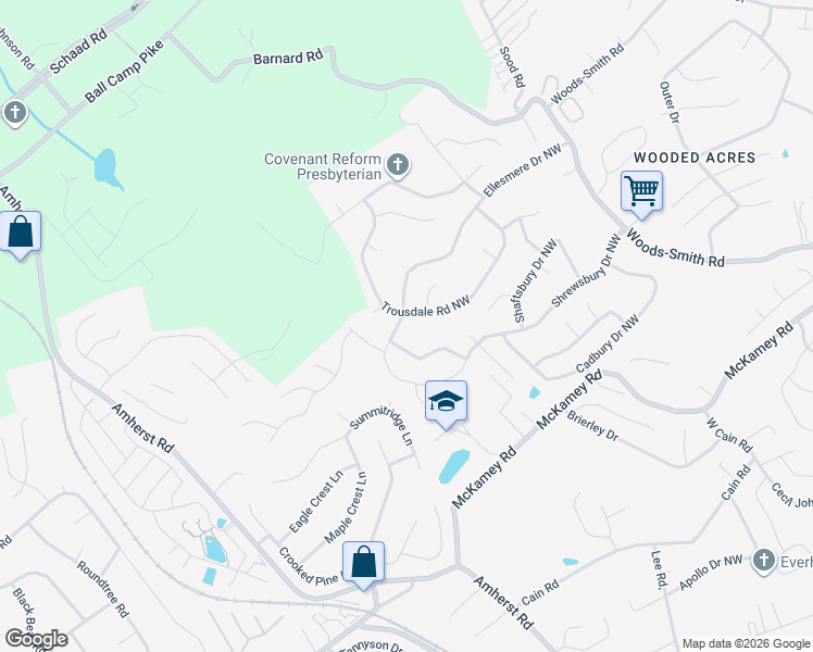 map of restaurants, bars, coffee shops, grocery stores, and more near 6804 Ellesmere Drive Northwest in Knoxville