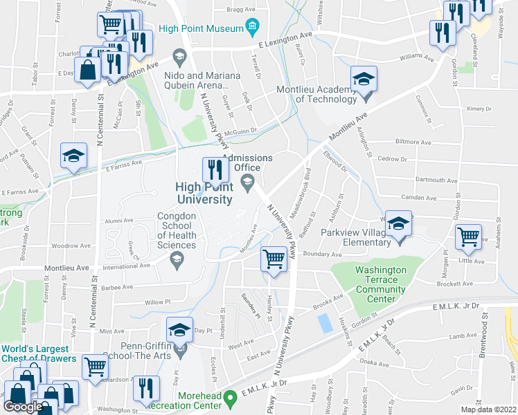 map of restaurants, bars, coffee shops, grocery stores, and more near 967 Montlieu Avenue in High Point