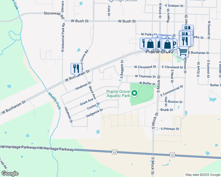 map of restaurants, bars, coffee shops, grocery stores, and more near 605 Herron Street in Prairie Grove