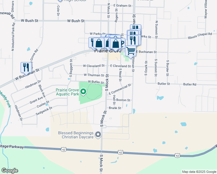 map of restaurants, bars, coffee shops, grocery stores, and more near 403 South Mock Street in Prairie Grove